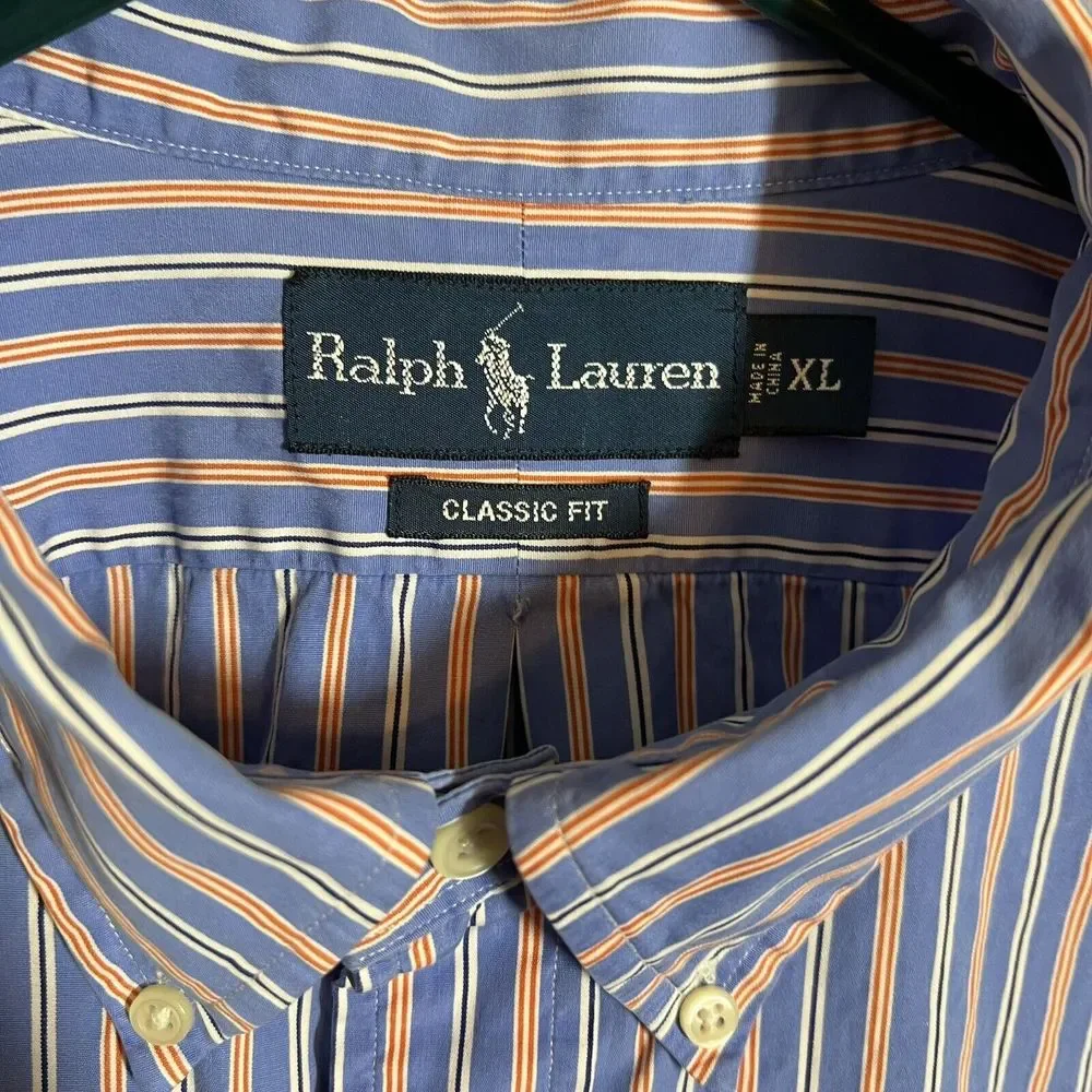 Ralph Lauren Shirt Mens XL Blue Orange‎ Striped Classic Fit SS Button Down